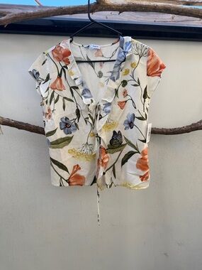 Ellen Tracy Floral Ruffle Tie-Front Blouse